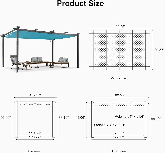 PURPLE LEAF Outdoor Pergola Retractable Aluminum 12' x 16', Turquoise Blue | - Image 7