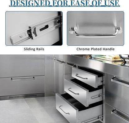 Outdoor Kitchen Drawers 18"Wx21"Hx23"D Flush Mount Access 3-Drawer BBQ Stainless Steel Drawers with Handle for Outdoor Kitchen Island or Grill Station