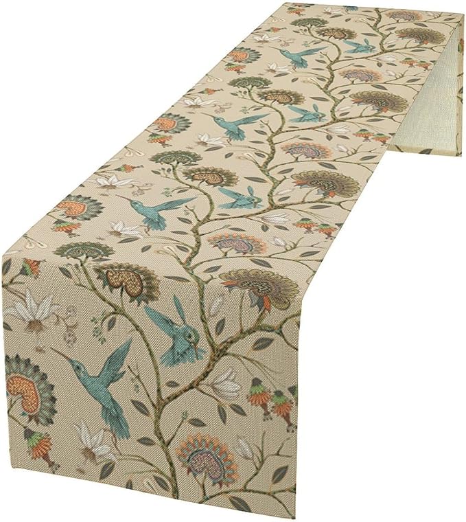 Floral Bird Table Runner,Vintage Boho Flower Birds Print William Morris Style Table Runner for Kitchen Dining Table Holiday Home Party Decor 13x90in