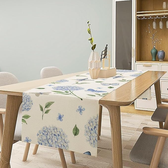 Spring Hydrangea Table Runner, Summer Moth Watercolor Sky Blue Butterfly Flowers Rustic Farmhouse Garden Print Table Cover for Kitchen Dining Room Table Home Party Decor,13x36inch