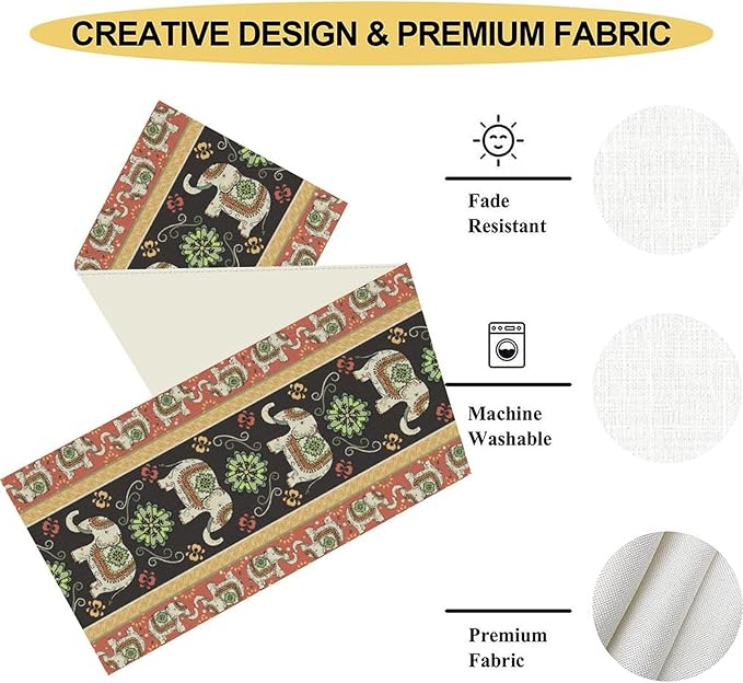 Boho Elephant Table Runner, Rustic African Tribe Indian Diwali Floral Ethnic Rustic Green Coffee Table Center Decor for Home Kitchen Dining Holiday Party Country Outdoor Table Decorations, 13"x36"