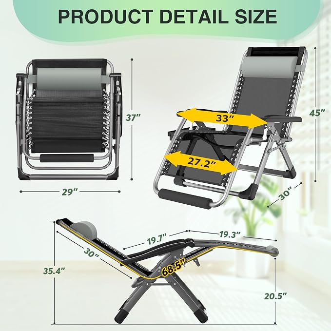 Suteck Oversized Zero Gravity Chair, 500LBS 33In XXL Outdoor Recliner Chairs | - Image 2