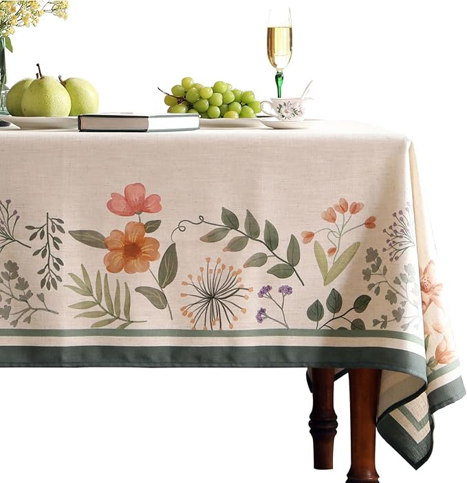 Beige Linen Small Rectangle Tablecloth,Vintage French Shabby Chic Floral Wrinkle Free Table Cloth,Decor Table Cover for Kitchen,Dining,Party,Christmas,Thanksgiving,55"*71"-Manolya