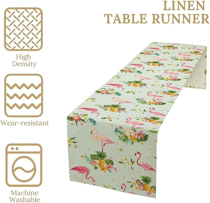 Tropical Flamingo Table Runner,Spring Summer Floral Dots Pineapples Hawaiian Luau Table Center Decor for Family Kitchen and Living Room Outdoor Farmhouse Party Table Decorations, 13"x90"