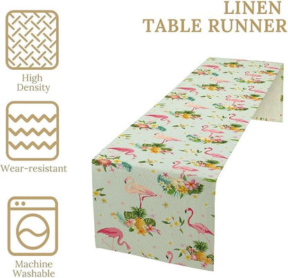 Tropical Flamingo Table Runner,Spring Summer Floral Dots Pineapples Hawaiian Luau Table Center Decor for Family Kitchen and Living Room Outdoor Farmhouse Party Table Decorations, 13"x36"