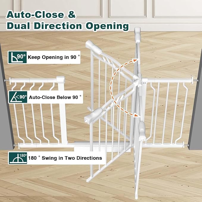 Fairy Baby 53.1"-62.5" Extra Wide Baby Gate for Stairs, Pressure Mounted Dog Gates for Doorways Indoor, Auto-Close Metal Pet Gate for House, No Drill Easy Walk Thru Safety Child Gate with Door, White