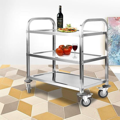 Nisorpa 3 Tier Stainless Steel Utility Cart L37.4 x W19.68 x H37.4 Inch Kitchen Rolling Carts with Wheels Serving Trolley Catering Storage Shelf with 2 Lockable Wheels for Hotel Restaurant Home Use