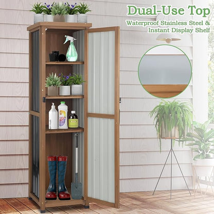 PetsCosset 62" H Narrow Outdoor Storage Cabinet with Metal Top, Outdoor Indoor Storage Cabinet Waterproof with Adjustable Shelves for Corner, Patio, Garden, Porch, Laundry Room or Entryway Storage