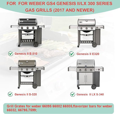66095 Grill Grates & 66032 Flavorizer Bars for Weber GS4 Genesis II/LX 300 Series, Grill Parts for Genesis II S-310,E-330,E-310,S-320,S-335,E-345,SE-310, Cast Iron Grids for Weber 66795, 66802