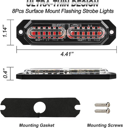 ASPL 8pcs Sync Feature Ultra Slim 12-LED Surface Mount Flashing Strobe Lights for Truck Car Vehicle LED Mini Grille Light Head Emergency Beacon Hazard Warning Lights (Red)