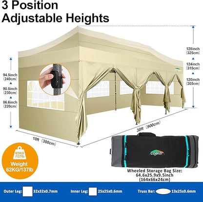 COBIZI 10x30 Pop up Canopy Tent 10x30 Canopy with 8 Sidewalls Waterproof Heavy Duty Commercial Canopy Tent for Parties Outdoor Garden Gazebo, Carry Bag with Wheel(10x30ft,Khaki)