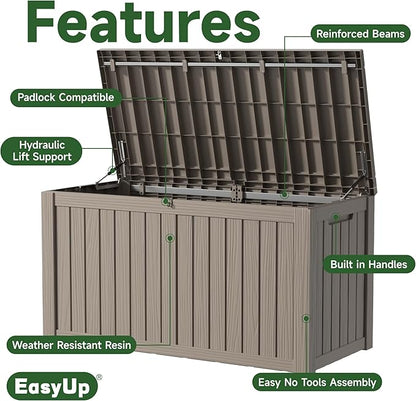 EasyUp 180 Gallon Outdoor Storage Box Waterproof, UV Resistant Resin Deck Box with Hydraulic Rod, Reinforced Stability for Patio, Garden, and Pool, Striped Gray