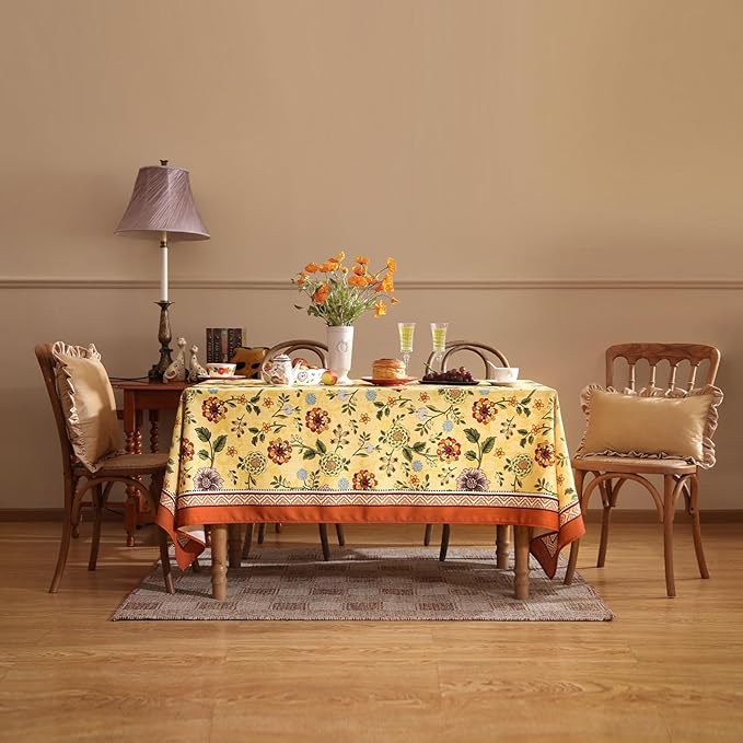 Vintage Linen Tablecloth for Rectangle Table,Yellow Floral French Wrinkle Free Tablecloths,Decorative Table Cover for Kitchen,Dining,Thanksgiving,Party,Farmhouse,55" × 87"-Bellano