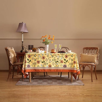 Vintage Linen Tablecloth for Rectangle Table,Yellow Floral French Wrinkle Free Extra Long Tablecloths,Decor Table Cover for Kitchen,Dining,Thanksgiving,Farmhouse,67" × 118"-Bellano