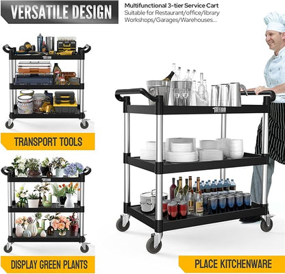 TUFFIOM Plastic Service Utility Cart with Wheels,Heavy Duty 450lbs Capacity, 3-Tier Commercial Rolling, Ideal for Restaurant, Foodservice, Office, Warehouse, Black 40.4''L x 19.7''W x 38.6''H