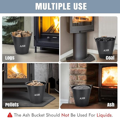 Ash Bucket with Lid, Shovel, and Broom - 3.5-Gallon Metal Ash Can for Fireplaces, Wood Stoves, and Fire Pits