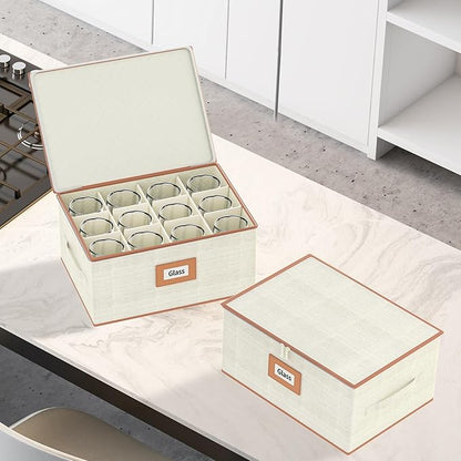 Aokeyee Wine Glass Storage Box Containers with Dividers - 2 Pack Stemware Storage Cases for 24 Crystal Glasses, Drinkware, Hard Shell for Moving & Protection(17'' x 12.8'' x 10.25'', Ivory)