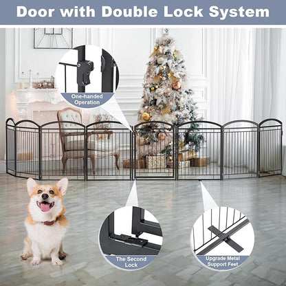 Full Metal Free Standing Dog Gate with Door for Indoor Outdoor, 192'' Extra Wide 36'' Tall Dog Gate for Doorways,Large Openings,Decks,Pet Puppy Freestanding Safety Fence(8 Panels,Black)