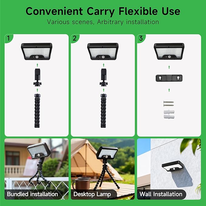 Solar Motion Sensor Outdoor Lights with Flexible Octopus Tripod, 600LM Lights with AC/DC Wired, IP65 Waterproof Adjustable Fixture Black for Camping Outside [4-Pack]