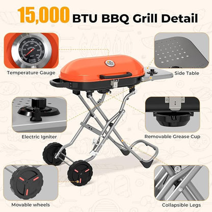 RoadTrip Portable Propane Gas Grill,15,000 BTU BBQ Grill with Top Cover Lid,Folding Legs & 2 Wheels, 406 sq.in. Grilling Areas, Built-in Thermometer, Barbecue Gas Grill for Patio,Party,Orange