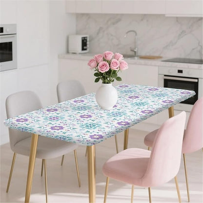 Rectangle Table Cloth Cover Waterproof Elastic Fitted Polyester Fitted Tablecloths for 6 Foot Tables for Indoor,Picnic, Camping, Outdoor （60" x 30"，Geometric Flowers）