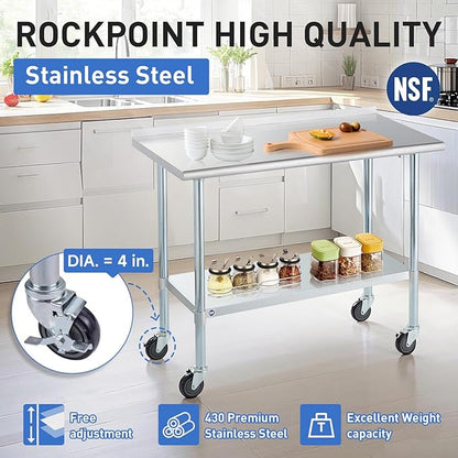 ROCKPOINT Stainless Steel Table for Prep & Work with Backsplash and Caster 30x48 Inches, NSF Metal Commercial Kitchen Table with Adjustable Under Shelf and Table Foot for Restaurant, Home and Hotel