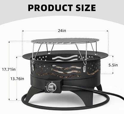 24 Inch Portable Propane Fire Pit with Grill, 60000 BTU Outdoor Gas Firepit with Lava Rocks & Adjustable Flame, Smokeless Gas Firebowl for Backyard, Camping & Gatherings