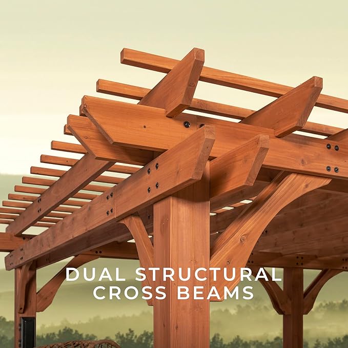Backyard Discovery Beaumont 12' x 12' Traditional Cedar Wood Pergola Kit with Trellis Roof, All-Season Durability, High-Wind Rating, PowerPort, Shade for Outdoor Patio, Deck, Garden, and Entertaining