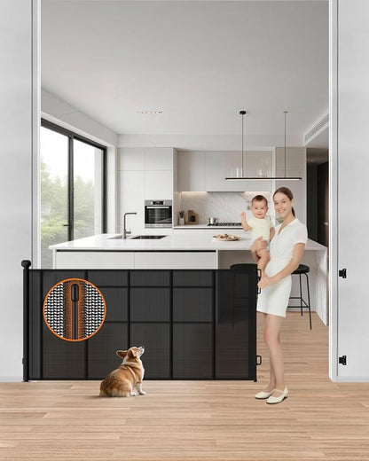 Upgraded Retractable Baby Gate - 71" Wide 34" Tall Mesh Child Safety Gate with High-Density Reinforced Rods, Easy One-Hand Operation Retractable Dog Gate, Fits Baseboards, Black