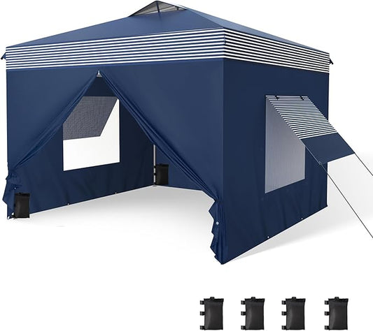PHI VILLA 10x10 Pop Up Canopy Tent with Sidewalls - Easy Up Tent with Mesh Windows for Ventilation, Waterproof Design - Ideal for Parties, Beach, and Outdoor Events (Navy Stripe)