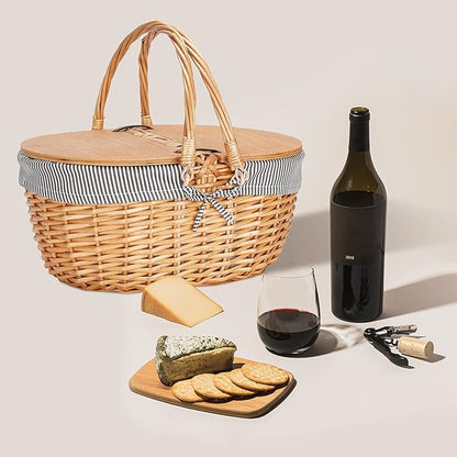 Wicker Picnic Basket with Liner, Wooden Split Lid Picnic Basket, Vintage-Style Picnic Hamper with Folding Woven Handle for Picnic, Camping, Outdoor, Valentine Day, Thanks Giving, Birthday (Grey)