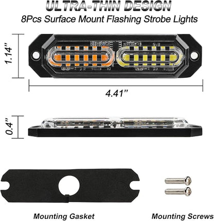 ASPL 8pcs Sync Feature Ultra Slim 12-LED Surface Mount Flashing Strobe Lights for Truck Car Vehicle LED Mini Grille Light Head Emergency Beacon Hazard Warning Lights (Amber/White)