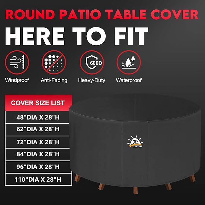 Zettum Round Patio Table Cover 96 Inch - 600D Outdoor Furniture Cover Round Waterproof & Heavy Duty, Lawn Furniture Set Covers Large for Outside Dining Table and Chairs Seating - 96 x 96 x 28 Inch