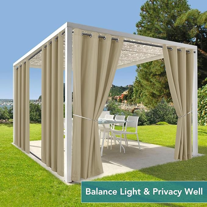 HolidayIdeas Outdoor Curtains for Patio Waterproof 4 Panels-Windproof Weatherproof Privacy Curtains-Grommet Top and Tab Bottom Drape for Gazebo, Porch, Pergola, Cabana, Backyard 54x95 Inch Taupe