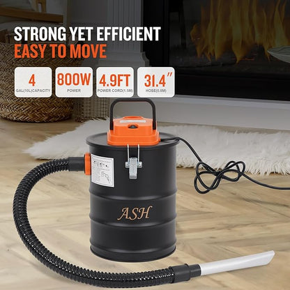 Ash Vacuum Cleaner -4 Gallon Fireplace Ash Vac with 800w Powerful Hose Non-Woven Dust Separator | Dry Stove Vacuum for Fireplaces Pellet Grill Wood Stove Fire Pits Orange