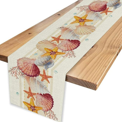 Coastal Table Runner, Yellow Coastal Starfish Coral Shell Pearl Beach Ocean Watercolor Summer Coffee Table Center Decor for Holiday Party Kitchen Outdoor Farmhouse Table Decorations, 13" X 36"