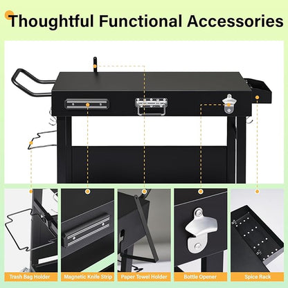 VINGLI Outdoor Grill Table Cart, Foldable Grill Cart with Wheels, Rolling Table for Ninja, Blackstone Griddle, Pizza Oven Stand, Food Prep Table w/Bottle Opener, Seasoning Tray, Rubbish Bag Holder