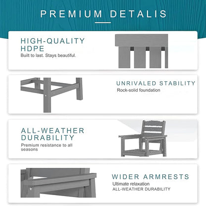 7 Piece Patio Dining Set with 11ft Patio Umbrella (Dark Green), 7 Gray Outdoor HDPE Dining Set with 6 Chairs + 1 Large Table, for Market, Pool, Garden, Backyard, Deck