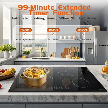 Noxton 36 Inch Electric Cooktop 5 Burner Electric Stove Top, Built-in Radiant Ceramic Cooktop with Extended Zone, Sensor Touch Control, Child Safety Lock, Timer, Pause, 8400W 240V Hard Wire