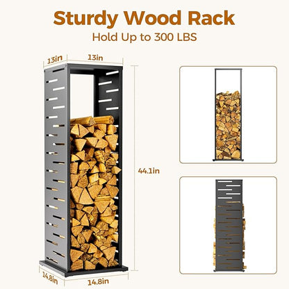4ft Firewood Rack Outdoor, Fire Wood Rack Log Holder with Louver Pattern Hooks Adjustable Feet, Firewood Storage for Indoor Fireplace Patio Balcony Black