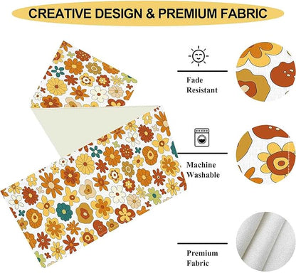 Groovy Floral Table Runner, Retro 70s Hippie Floral Funky Cute Flower Trippy Orange Coffee Table Center Decor For Home Kitchen Dining Patio Holiday Party Indoor Outdoor Table Decorations, 13"x72" Inch