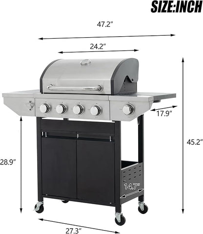 Zateety 4 Burner Propane Grill - 46,500 BTU Gas Grill with Side Burner, Stainless Steel with Iron Cast Grates for Outdoor Cooking, Patio, Camping BBQ, Garden Barbecue Grill, Black and Silver