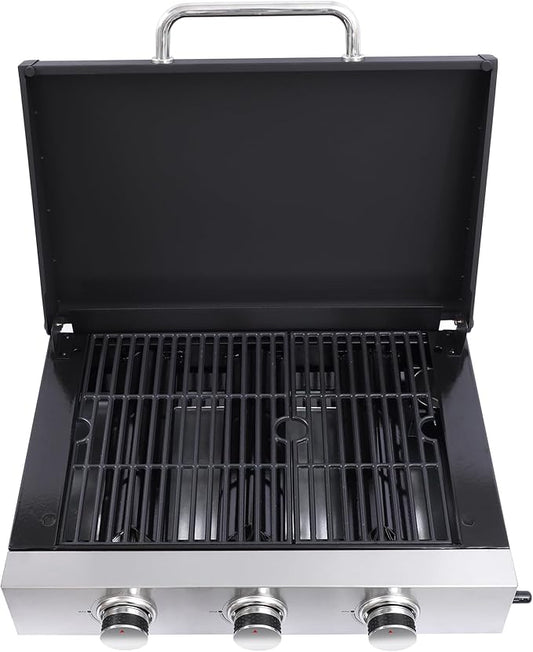 26,550 BTU Propane Gas Grill with Thermometer, 100-800°F Temp Control, Foldable Side Table, 2 Wheels for Mobility, 430 Stainless Steel Fire Box & Warming Rack, Include Hanging Basket & Tool Hooks