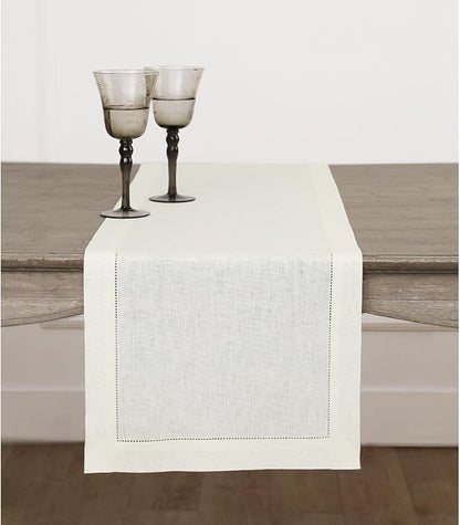 Solino Home Linen Ivory Table Runner 132 Inches Long - 100% Pure Linen Extra Long Table Runner 14 x 132 Inch for Spring, Easter - Classic Hemstitch