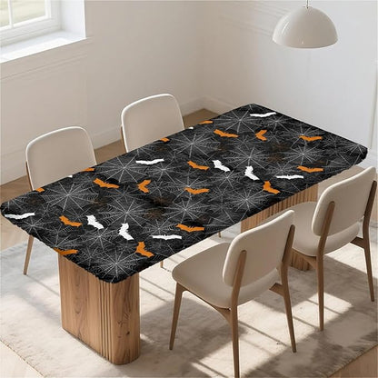 Rectangle Table Cloth Cover Waterproof Elastic Fitted Polyester Fitted Tablecloths for 4 Foot Tables for Indoor,Picnic, Camping, Outdoor （48" x 24"，Halloween）