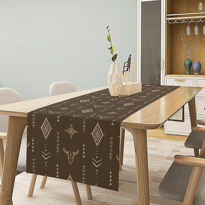 Western Cow Skull Table Runner,Vintage Boho Aztec Cow Ethnic Pattern Printed Table Runner for Home Kitchen Dining Farmhouse Coffee 13x36in