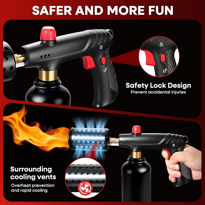 Propane Torch, Cooking Blow Torch Gun with Safety Lock, Charcoal Lighter, Flame Thrower, Kitchen Food Torch Head for Grill, Sous Vide, BBQ (Tank Not Included) (Carbon fiber)