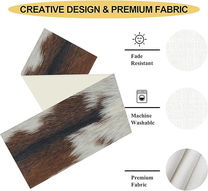 Cow Print Table Runner, Brown Cowhide Print Western Style Table Runner Country Farmhouse Cottage Cow Pattern Linen Table Decoration for Home Kitchen Dining 13x72