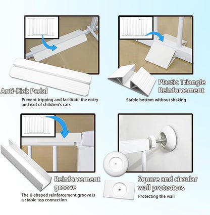 115“-134.6" Wide Baby Gate for Stairs, Mom's Choice Awards Winner-Self Closing Dog Gate Indoor for Doorways, No Drilling Pressure Mounted Pet Gates for Kids, Easy Walk Through Safety Gate, White.