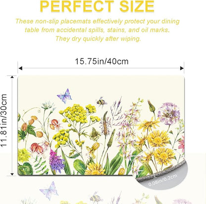 Flower Placemats Set of 4 - Floral Faux Leather Heat Resistant Placemats for Dinner Table, Non-Slip Waterproof Oil-Proof Washable Reusable Placemat for Indoor Outdoor Kitchen Decor, 15.75In*11.81In
